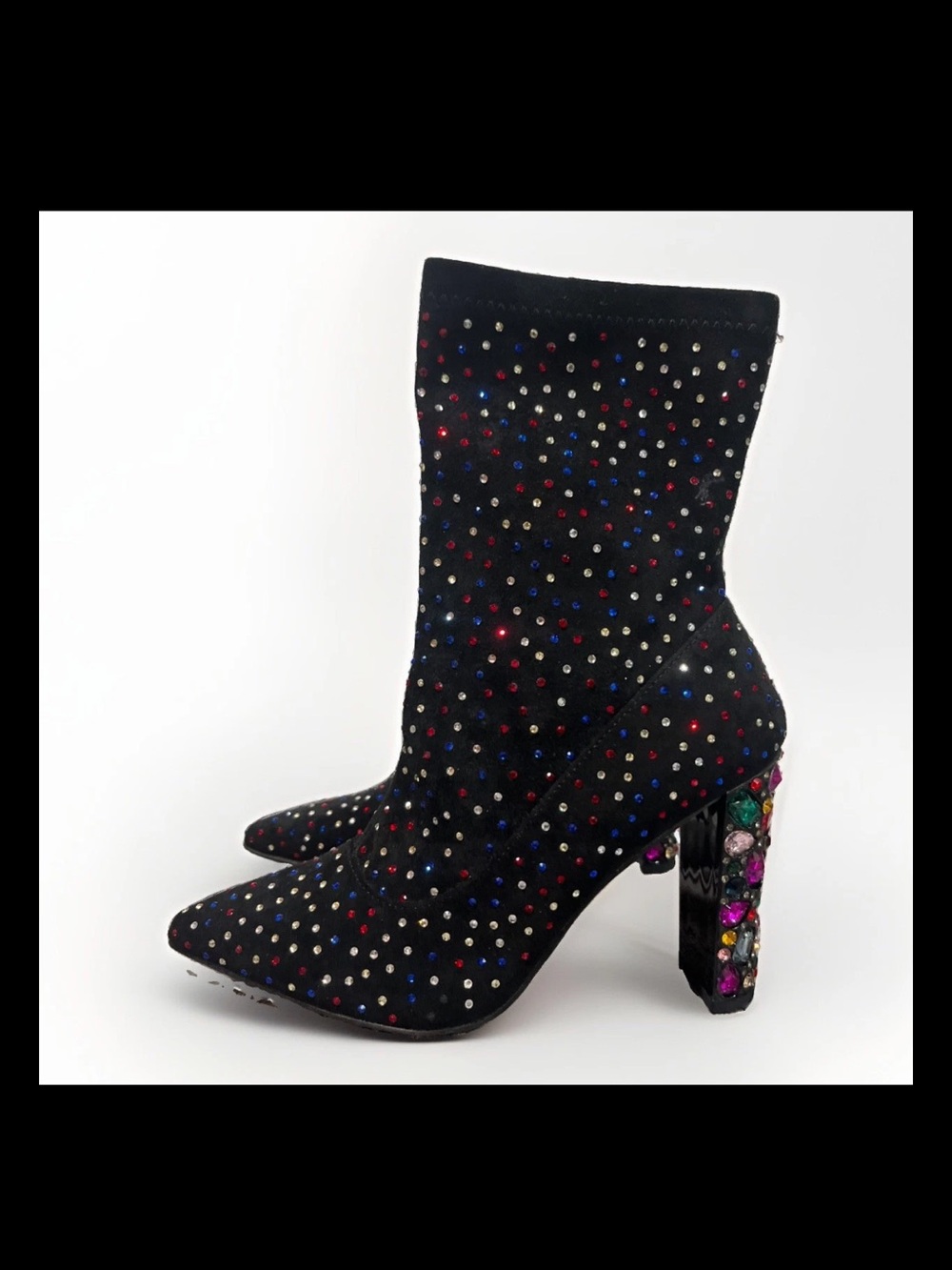 Woman’s Italina Black Rhinestones Bejeweled Pointed Toe Ankle Boots Size 7.5